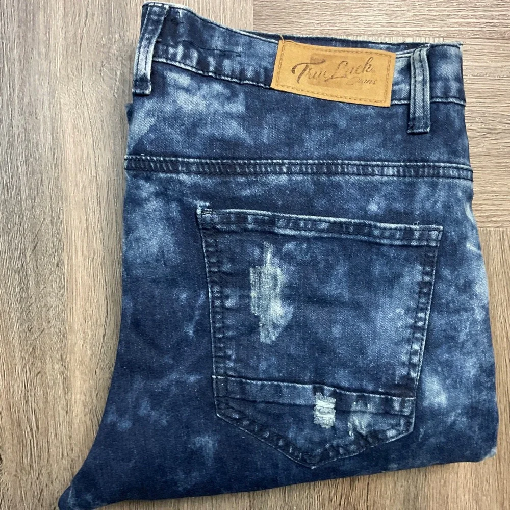 True‎ Luck Jeans Mens 36x34 Blue Distressed Acid Wash Slim Fit Moto Biker Denim - Picture 5 of 11